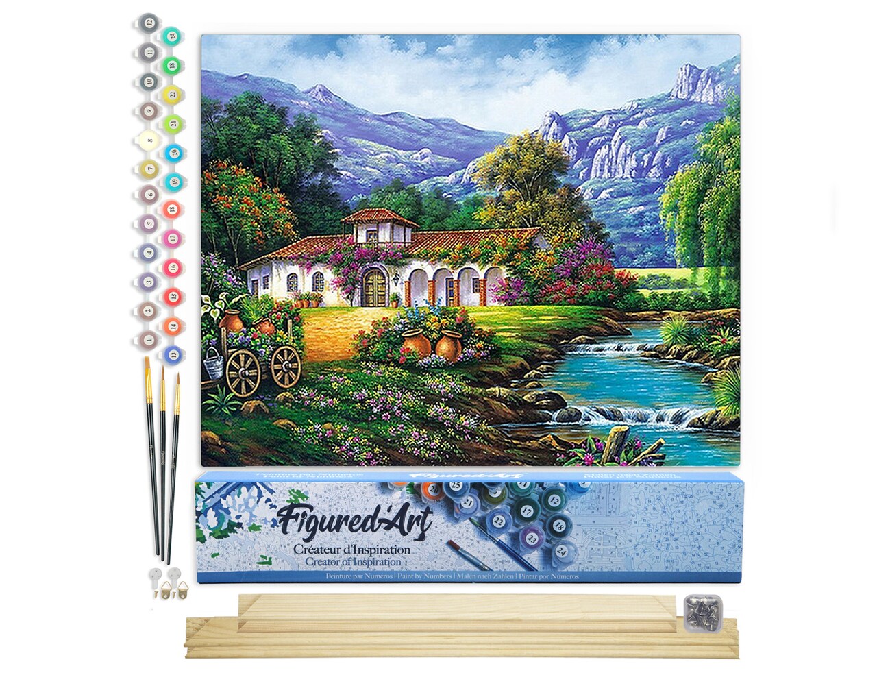 Figured'Art Paint by Numbers Kit for Adults Quiet house near the river 16"x20" - Craft Art Painting Rolled Canvas with DIY wooden frame